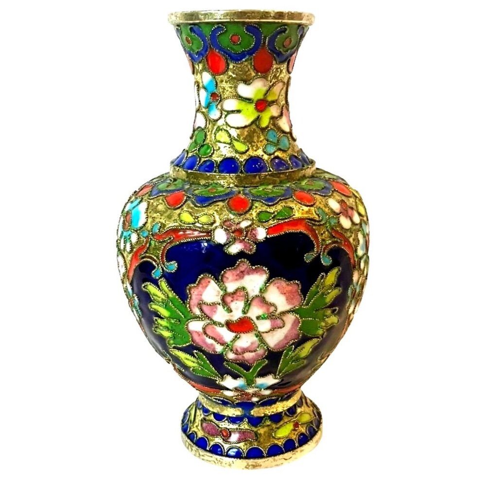 Antique Cloisonne w/ Ornate Enamel Flowers & Gold Gilding Brass Color Vase